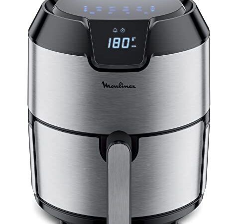 Moulinex Easy Fry Deluxe EZ401D - Freidora de Aire Sin Aceite, Revestimiento Antiadherente, Pantalla Digital Táctil y 8 Programas, para Comidas Sanas, App 125 recetas, Acero - 4.2 L, 6 Personas