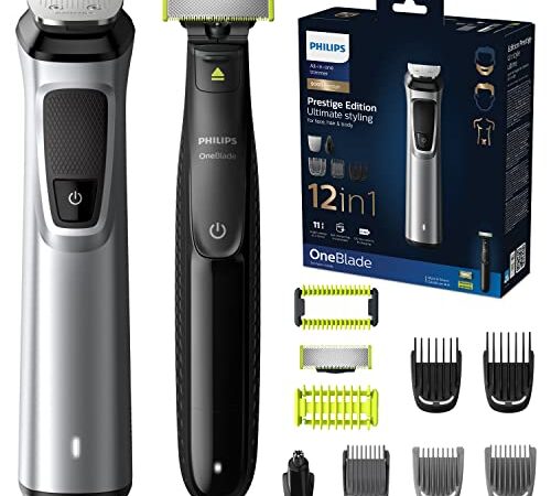 Philips MG9710/90 Recortadora de barba 12 en 1 Maquina recortadora de barba y Cortapelos para hombre, óptima precisión, tecnología Dualcut, autonomía de 120 minutos, OneBlade batería, Negro/Plata