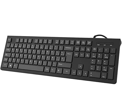 Teclado de Ordenador con Cable, Teclado USB Plug Play, Teclado Numérico, Soportes Plegables, Resistente a Salpicaduras, Letras Antidesgaste para Windows Mac PC Laptop, Tamaño Completo