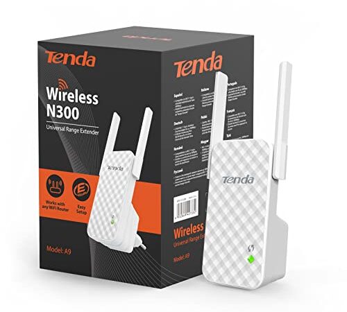 Tenda N300 A9 Repetidor WiFi, Extensor de Red, Inalámbrico Ampliardor 300 Mbps, 2 Antenas Externas, WPS Botón, Play y Plug, Indicador LED de Señal, Fácil Configuración, Compatible con Módem y Router