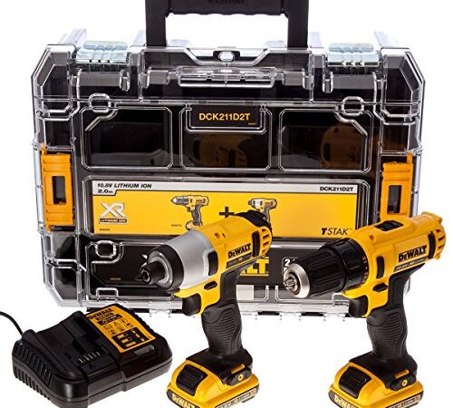 Dewalt DCK211D2T-QW DCK211D2T-QW-KIT 10,8V = Taladro Atornillador Impacto XR + Organizador TSTAK V con 2 baterías Li-Ion 2,0Ah, 1840 W, 10.8 V, Negro/Amarillo