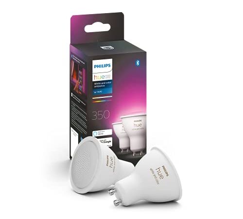 Philips Hue Pack de 2 Bombillas Inteligentes LED GU10, con Bluetooth, Luz Blanca y Color, Compatible con Alexa y Google Home
