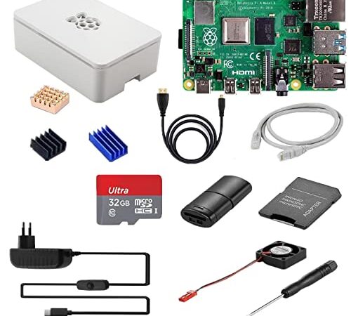 SANOOV Raspberry Pi 4 Modelo B Kit básico de Inicio（4GB RAM+32GB MicroSD）con Cable alimentación Tipo C con Interruptor/Funda Protectora ABS/2 x Cable HDMI/Lector Tarjetas/Ventilador/Disipador Calor