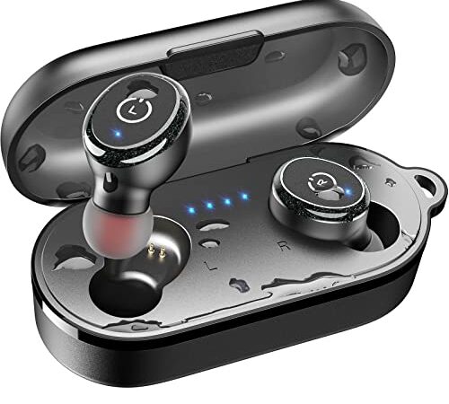 TOZO T10 Auriculares Bluetooth IPX8 Impermeable Bluetooth 5.3 In Ear inalámbricos con Estuche de Carga y micrófono, Sonido Premium con Graves Profundos para Correr y Hacer Deporte Negro