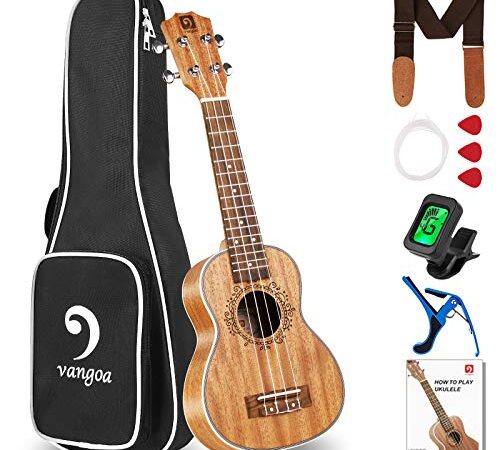 Vangoa Soprano Ukelele 21 Pulgadas Caoba Acústico Hawaiian Ukulele Kit para Principiantes, Estudiante, Intermedio