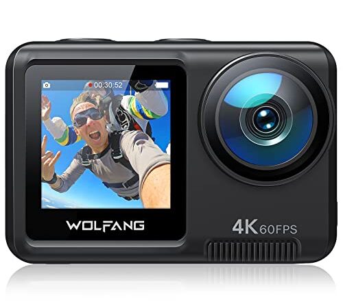 WOLFANG GA420 Cámara Deportiva Doble Pantalla 4K 60FPS 20MP, 10M Cuerpo/40M Impermeable Cámara Subacuática, WiFi Webcam Videocámara, Micrófono Dual, Control Remoto, EIS, 2x1350mAh Baterías,Accesorios