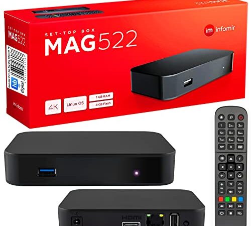 mag 522 Original Infomir & HB-DIGITAL 4K IPTV Set Top Box Reproductor Multimedia Internet TV Receptor IP # 4K UHD 60FPS 2160p@60 FPS HDMI 2.0# Soporte HEVC H.256 # Arm Cortex-A53 + Cable HDMI