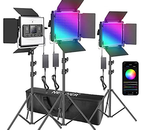 Neewer 3 Packs Luz LED RGB 480 con Control Aplicación Kit Iluminación Video y Fotografía con Soportes y Bolsa 480 LED SMD CRI92 3200K-5600K Brillo 0-100% 0-360 Colores Ajustables