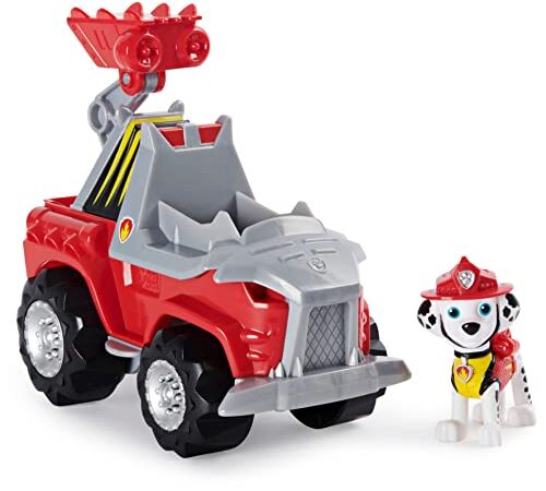 PATRULLA CANINA -COCHE DELUXE DINO RESCUE CON ACELERACIÓN + FIGURA MARSHALL - Coche Patrulla Canina Dino Rescue de Marshall con 1 Figura de Dinosaurio Misteriosa - 6059518 - Juguetes Niños 3 Años +