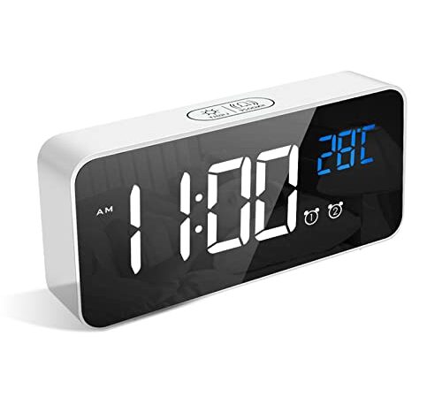 LATEC Reloj Despertador Digital, LED Pantalla Reloj Alarma Inteligente con Temperatura, Puerto de Carga USB, 12/24 Horas, 4 Brillo Ajustable (Blanco)