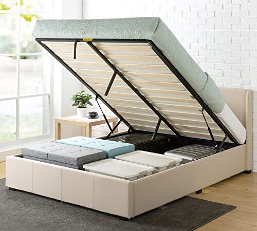 Zinus Canapé abatible de 32 cm con somier tapizado, cama con elevador de gas y almacenamiento Maddon, Somier de listones de madera, 150 x 200 cm, Beis