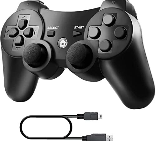 Diswoe Mando Inalámbrico para PS3, Bluetooth PS3 Gamepad Controller Doble vibración Sixaxis Mando a Distancia Joystick para PS3 con Cable de Carga USB