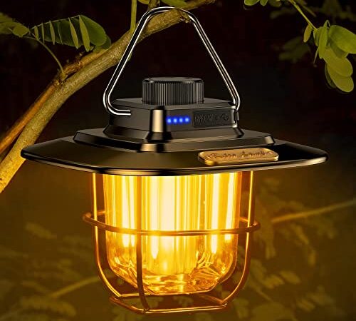 Lámpara Camping Recargable, Blukar Vintage Linterna Camping - Brillo de Atenuación Continua, Color de luz Conmutable(Luz Cálida 3000K y Natural 4500K), 12H+ Tiempo de Ejecución para Camping/Pesca etc.