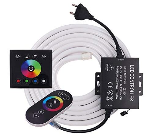 XUNATA Luz de Neón Tira de LED RGB de 220V con kit de Control de Panel Táctil y Remoto, Impermeable Flexible de 5050 LED Tira de neón- 15 Metros