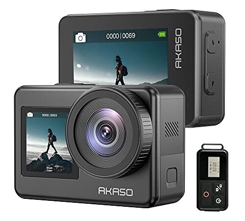 AKASO Brave 7 Cámara Deportiva 4K WiFi 20MP, Cámara de Acción EIS 2.0, IPX8 Camara Acuatica Sumergible con Control Remoto, Soporte Control de Voz, 2 Baterías, Doble Pantalla 1350 mAh, Cámara de Vlog