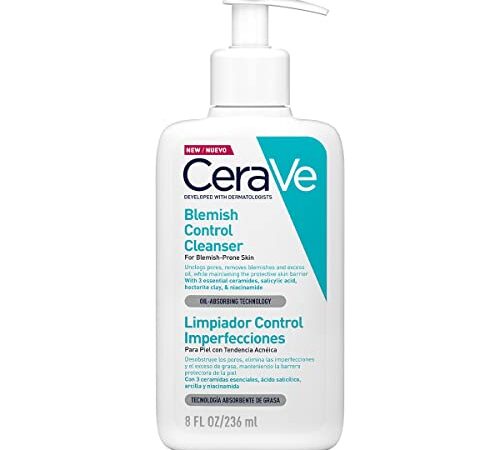 CeraVe Espuma limpiadora antiacné con ácido salicíclico y arcilla purificante para piel grasa, 236 ml