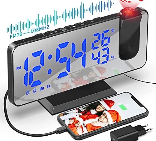 Despertador de Proyección 7.5 Pulgadas Digital 180° Rotativo, con Función de Radio FM Humedad Temperatura Interior con Puerto de Carga USB 2 Relojes Despertadores 4 Niveles de Brillo