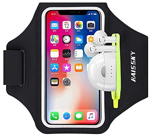 HAISSKY Brazalete Deportivo para Correr con Bolsa de Auriculares, Brazalete Móvil Ajustable para iPhone 14 Pro MAX 13 Pro 12 11 Pro XS MAX XR X, Galaxy S22/S21/S20/S10, hasta 6,7" (Negro)