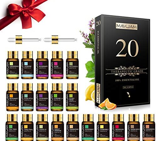 MAYJAM Juego de Aceites Esenciales de 20 Pcs 100% Puro Jazmín Lavanda Eucalipto Vainilla Mastic Menta Sándalo Naranja Dulce Ylang Rosa Bergamota Árbol de té Canela Geranio Pachulí Citronela y más