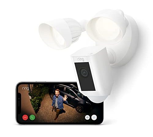 Ring Floodlight Cam Wired Plus de Amazon | Vídeo 1080p HD, focos LED, sirena integrada, instalación por cable | Prueba de 30 días gratis de Ring Protect | Blanco