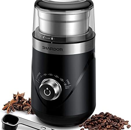 SHARDOR Molinillo Café Eléctrico Tiempo Ajustable, Molino Café Taza Extraible Semillas Especias Cereales con Cuchillas Acero Inoxidable Molienda Uniforme Fácil de Limpiar Libre de BPA